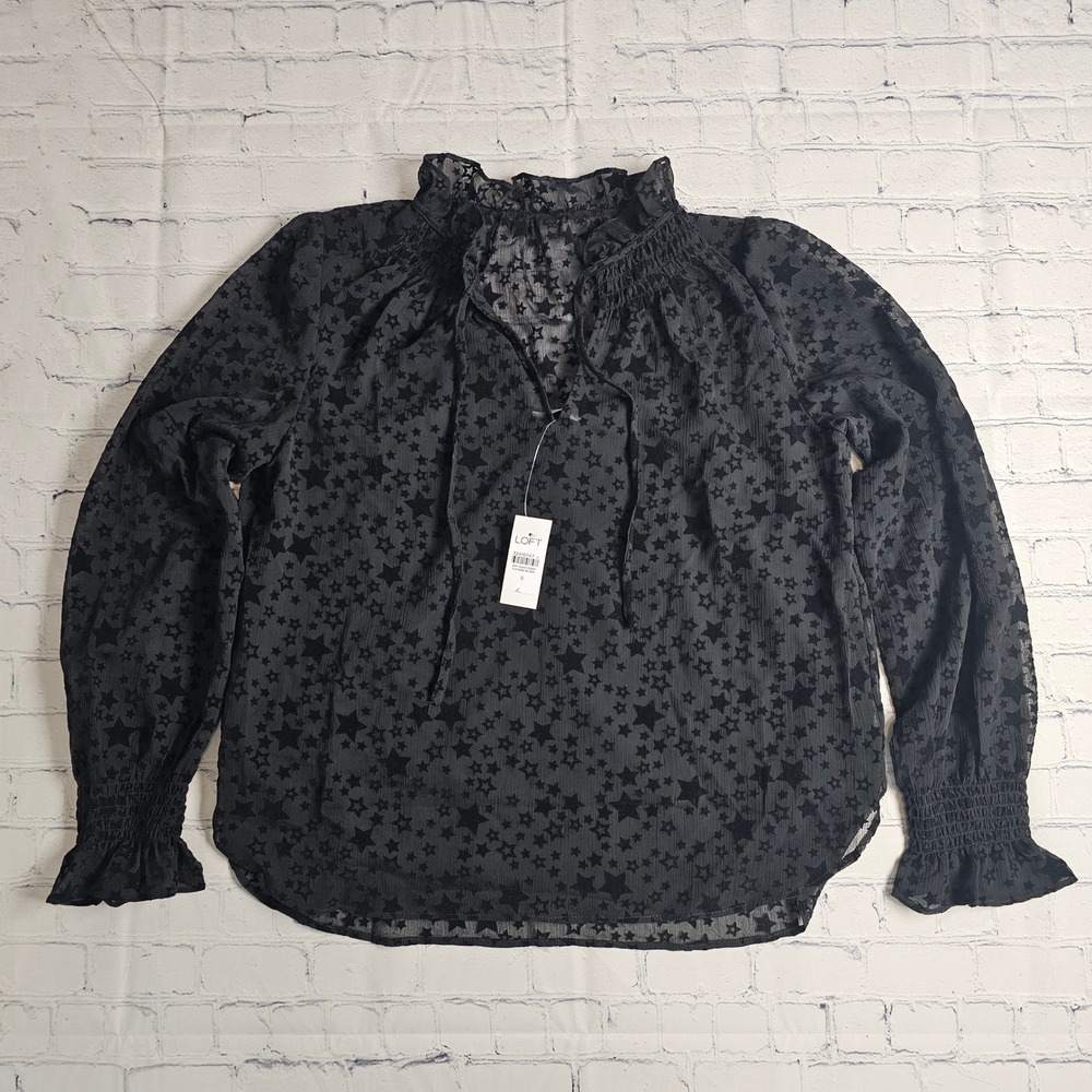 LOFT Womens Black Flocked Velvet Star Sheer Blouse Smocked‎ Tie Neck Small NEW